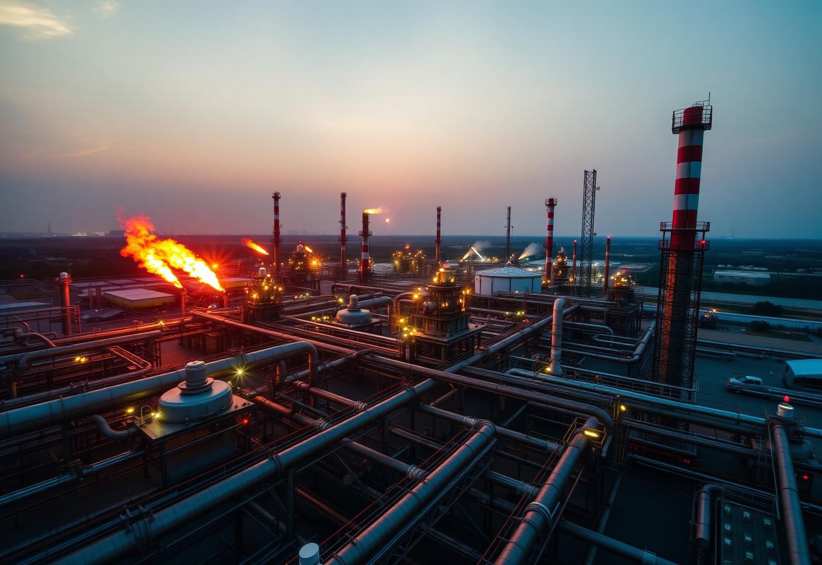 Oil and gas processing facility at dawn — symbolising Microlog's heritage in energy infrastructure