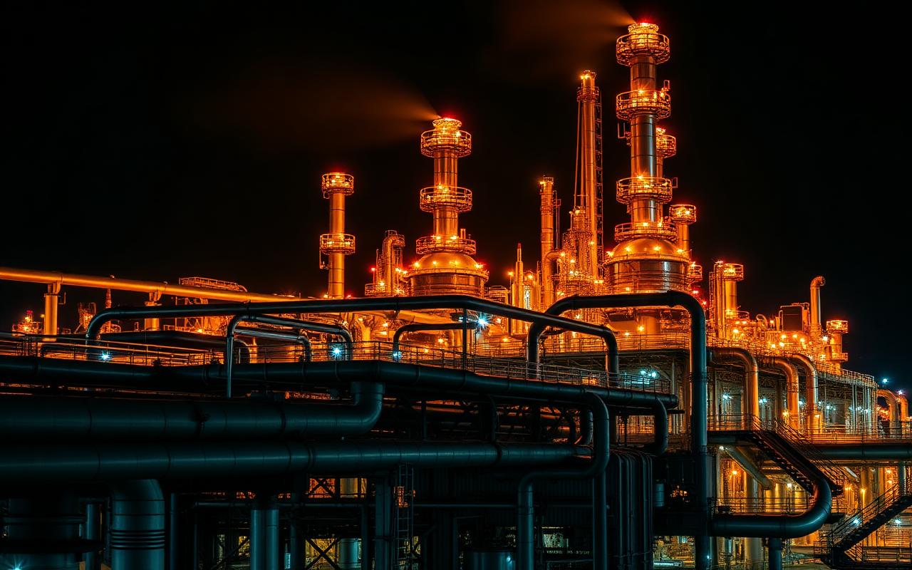Industrial refinery with process piping and stacks at dusk