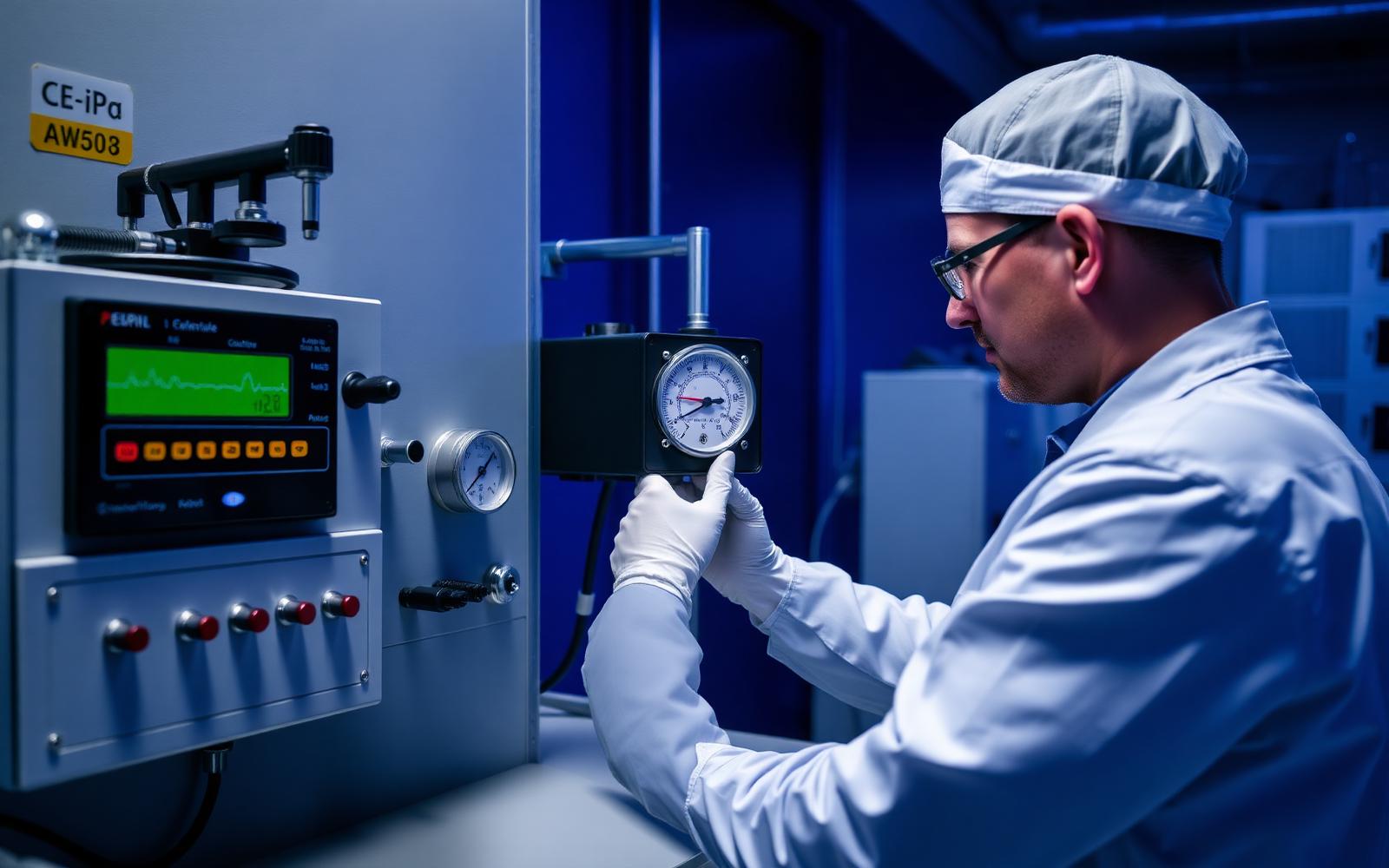Calibration laboratory technician calibrating a pressure instrument