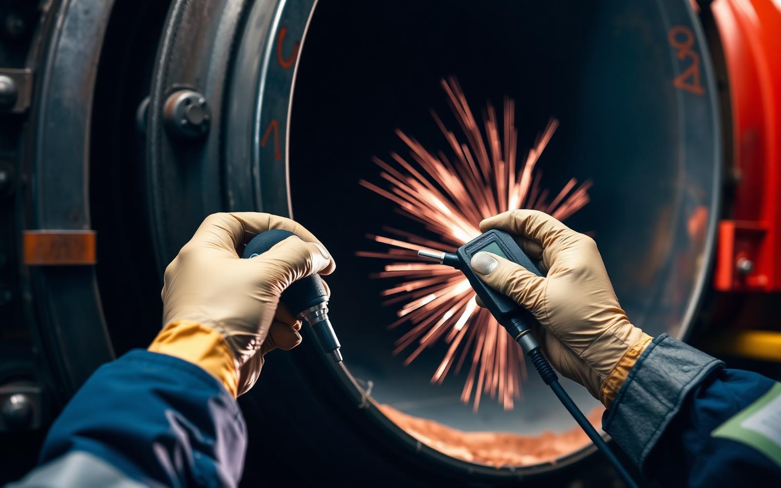 Engineer performing ultrasonic non-destructive testing on a pipe