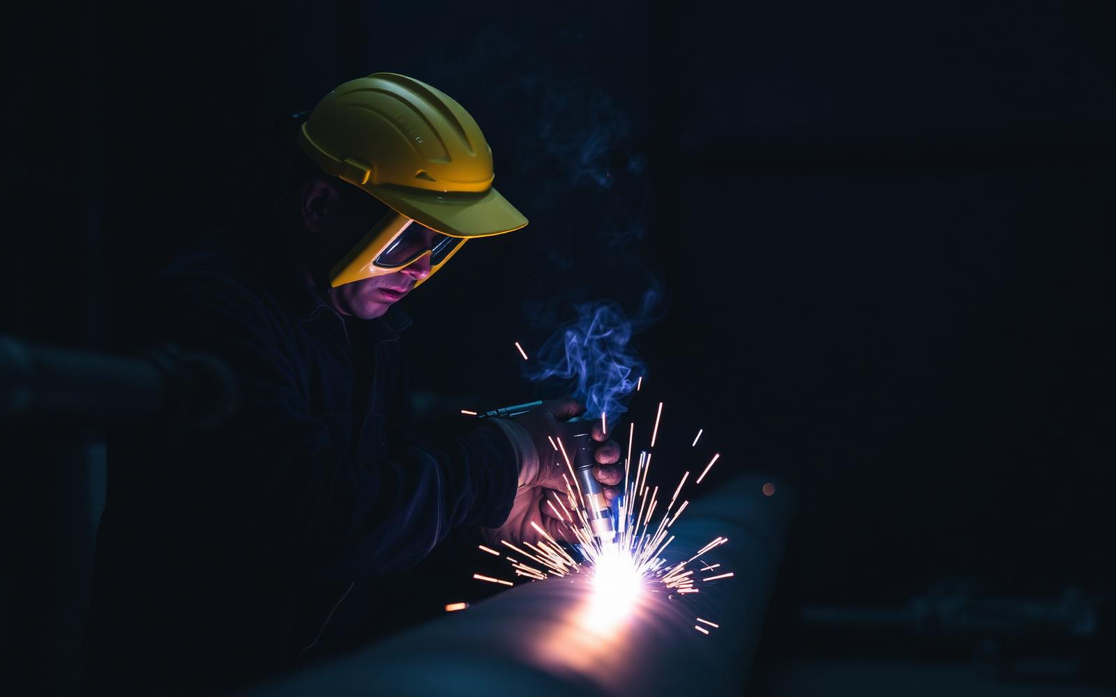 Certified welder performing pipeline weld with sparks